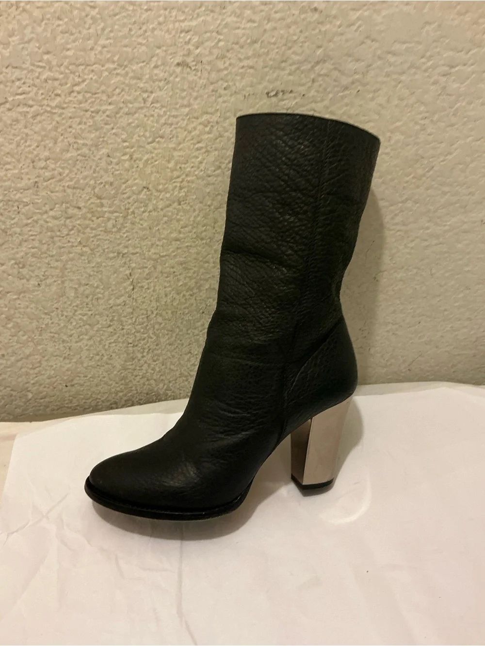 Jimmy Choo Music Black Leather Mid-Calf Boot with Metallic Block Heel